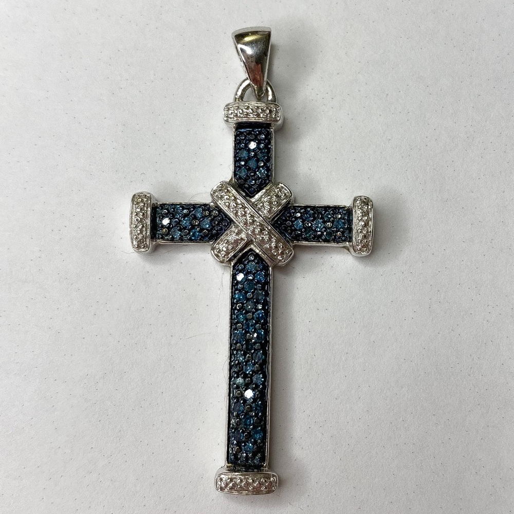 Real Blue Diamond Cross Necklace .925 Pendant